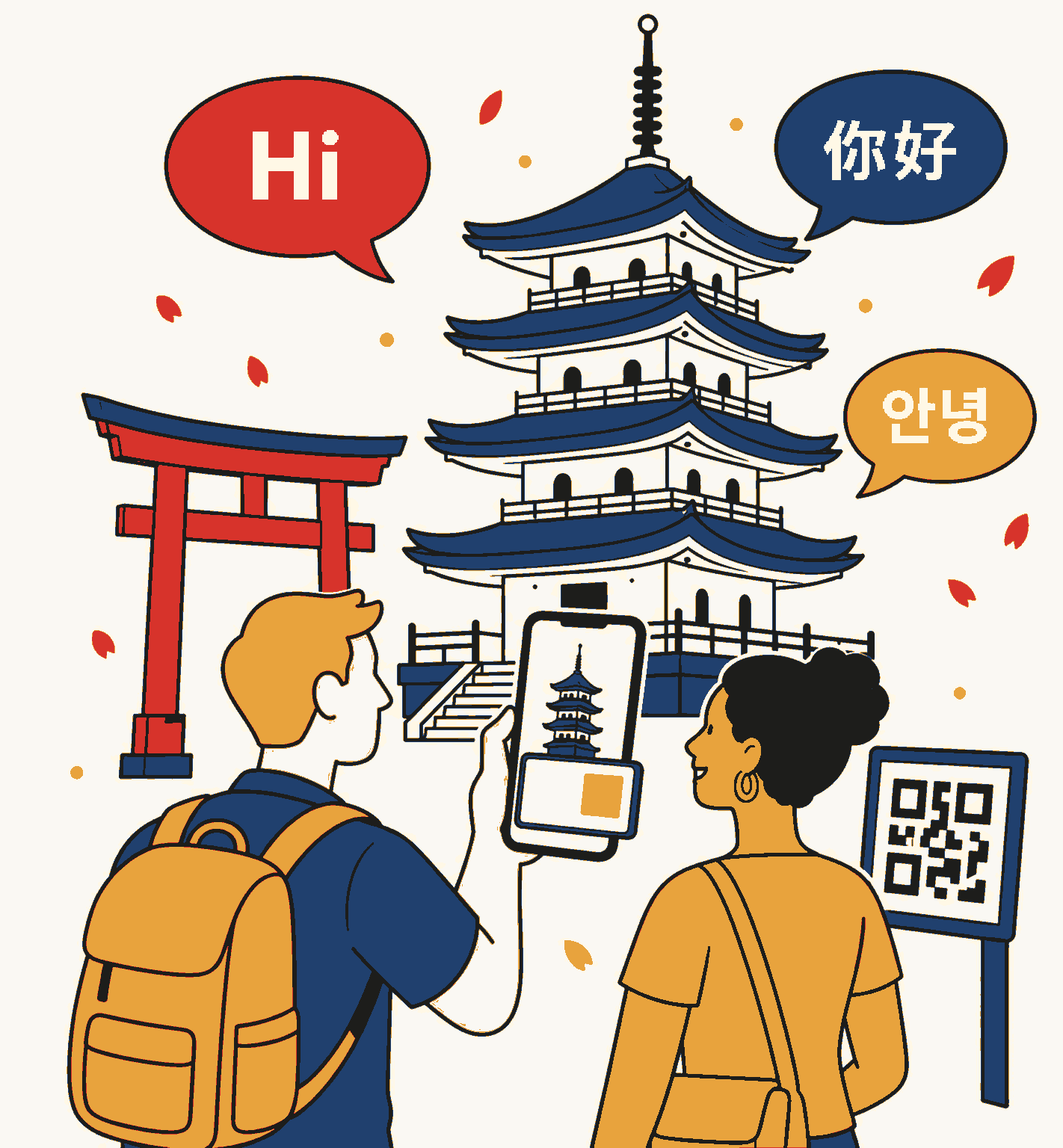 スマートフォンをかざして寺社の多言語解説を読む訪日旅行者のイラスト