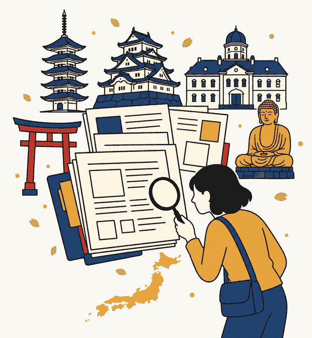 全国各地の文化財の整備事例をまとめた資料を、虫めがねで確認している人のイラスト